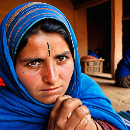 Home 4 "A powerful portrait of an Afghan woman, her face marked by resilience and dignity, working on intricate traditional handicrafts like weaving a carpet or creating lapis lazuli jewelry. The background subtly shows elements of a bustling, informal local market or a small, supportive community gathering, highlighting the crucial role of women in micro-economic initiatives and their quiet determination to sustain their families and culture. The lighting is warm and natural, emphasizing the texture of the materials and the strength in her expression."