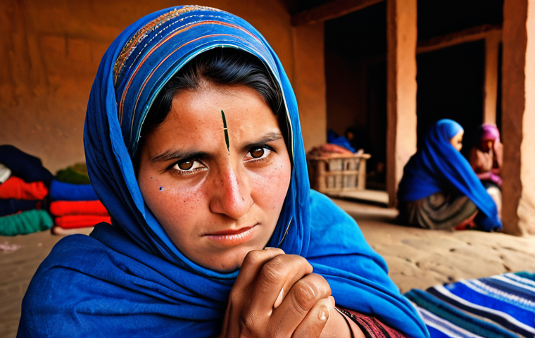 "A powerful portrait of an Afghan woman, her face marked by resilience and dignity, working on intricate traditional handicrafts like weaving a carpet or creating lapis lazuli jewelry. The background subtly shows elements of a bustling, informal local market or a small, supportive community gathering, highlighting the crucial role of women in micro-economic initiatives and their quiet determination to sustain their families and culture. The lighting is warm and natural, emphasizing the texture of the materials and the strength in her expression."