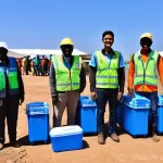 국제사회 개입 사례 - **Humanitarian Aid & Technological Assistance**
    An uplifting scene depicting a diverse group of ...