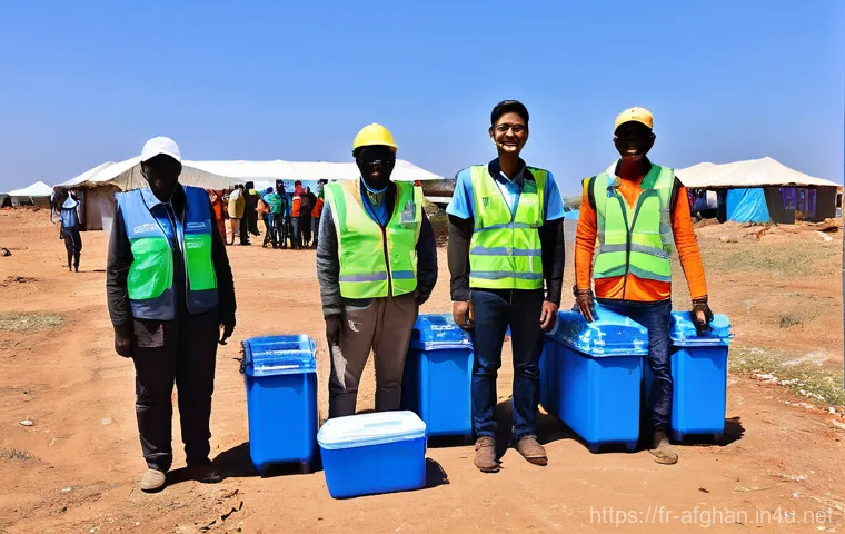 국제사회 개입 사례 - **Humanitarian Aid & Technological Assistance**
    An uplifting scene depicting a diverse group of ...