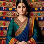 아프가니스탄 여성 복식 - A dignified Afghan woman adorned in a magnificent, festive traditional dress, standing gracefully. T...
