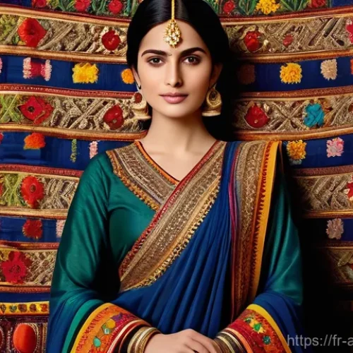 아프가니스탄 여성 복식 - A dignified Afghan woman adorned in a magnificent, festive traditional dress, standing gracefully. T...