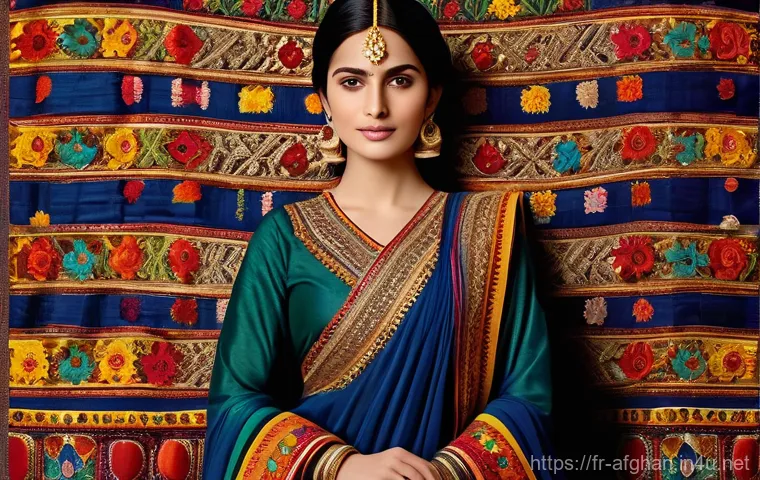 아프가니스탄 여성 복식 - A dignified Afghan woman adorned in a magnificent, festive traditional dress, standing gracefully. T...