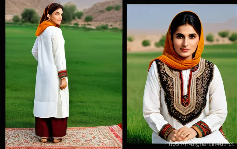 아프가니스탄 여성 복식 - A dignified Afghan woman adorned in a magnificent, festive traditional dress, standing gracefully. T...