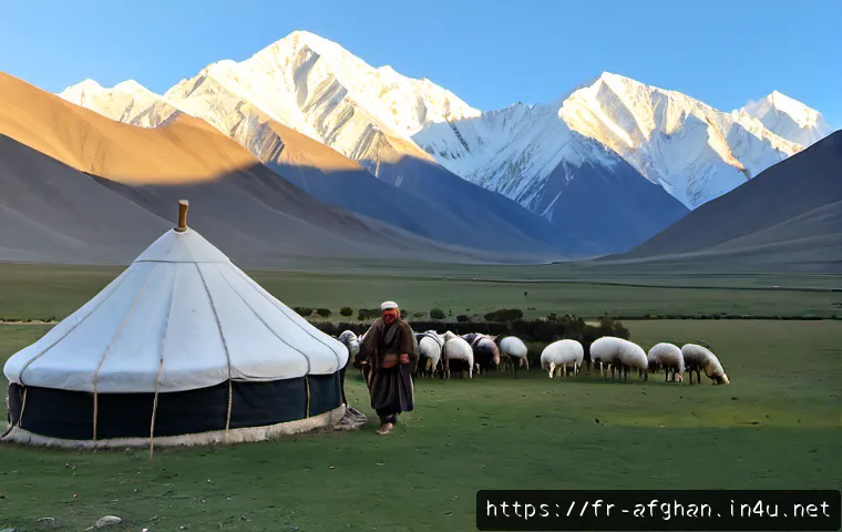 와칸의 유목민 생활 - Photorealistic wide documentary scene of Wakhan nomadic life in the high Pamir Mountains, a Kyrgyz f...