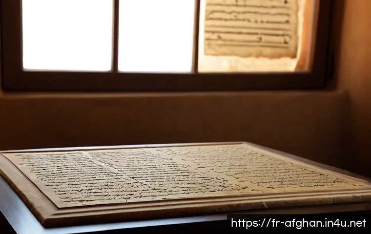 아프가니스탄 언어의 변천사 - Photorealistic museum-style tabletop scene illustrating the evolution of Afghan languages, ancient c...