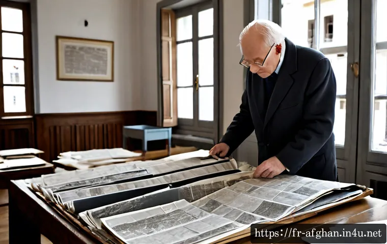 Home 15 대규모 지진 및 자연재해 기록 - Photorealistic archival disaster-record scene in a French municipal archive, an elderly archivist in...