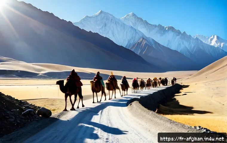 실크로드와 아프가니스탄 - Photorealistic wide landscape of an ancient Silk Road caravan crossing the high Afghan Wakhan Corrid...